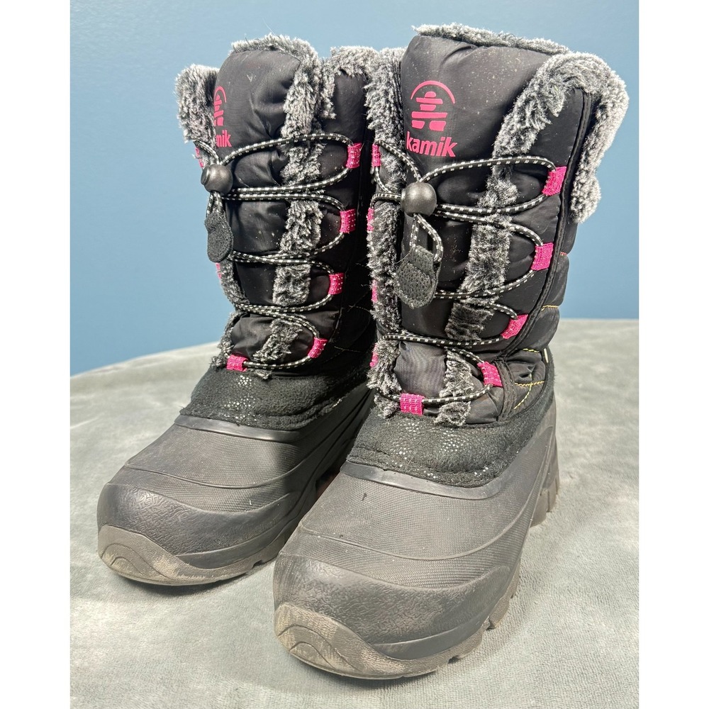 Kamik Star3 Snow Boots Girls 3 Black Pink Faux Fur Waterproof Winter